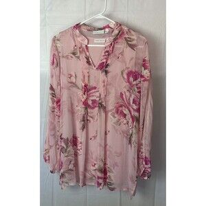Susan Graver Womens Top Large Pink Long Sleeve Romantic Floral Lace Accents